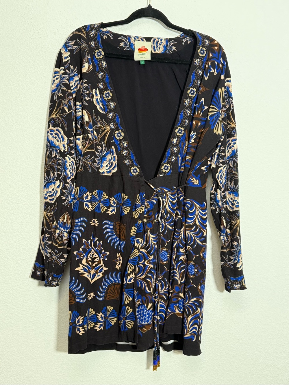 FARM Rio Arabesque Wrap Mini Dress Blue Floral Boho Tie Waist Long Sleeve Size L - Picture 2 of 8